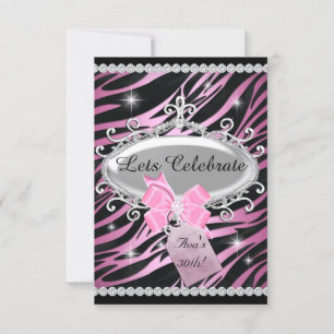 Pink Bow Zebra Print 30th Birthday Invitation