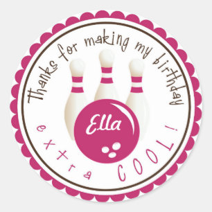 Pink Bowling Birthday Party Favour Stickers