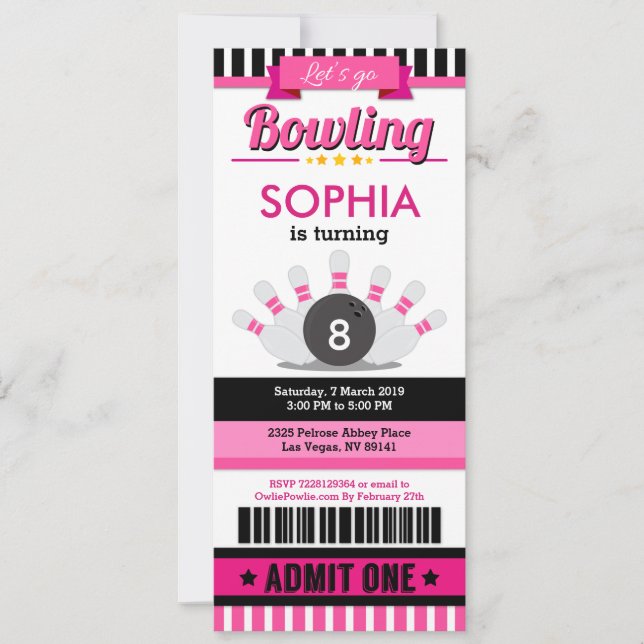 Pink Bowling Ticket Pass Birthday Party Invitation (Front)