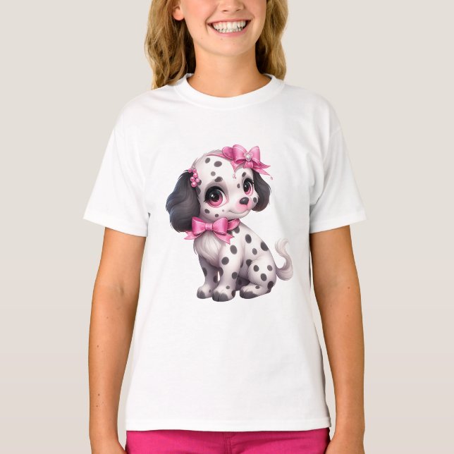 Pink Bows And  Bling Cute Dalmatian Pup T-Shirt (Front)