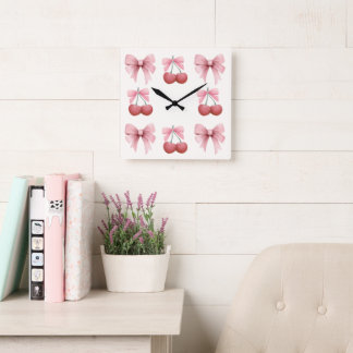 Pink Bows and Cherries Girly Coquette Square Wall Clock