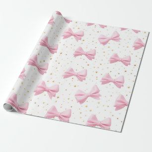 Pink Bows and Golden Stars Pattern Wrapping Paper