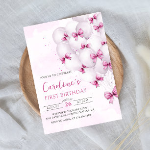 Pink Bows Balloons Birthday Invitation