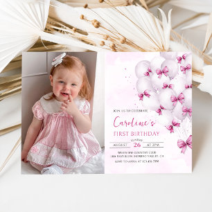 Pink Bows Balloons Birthday Photo Invitation
