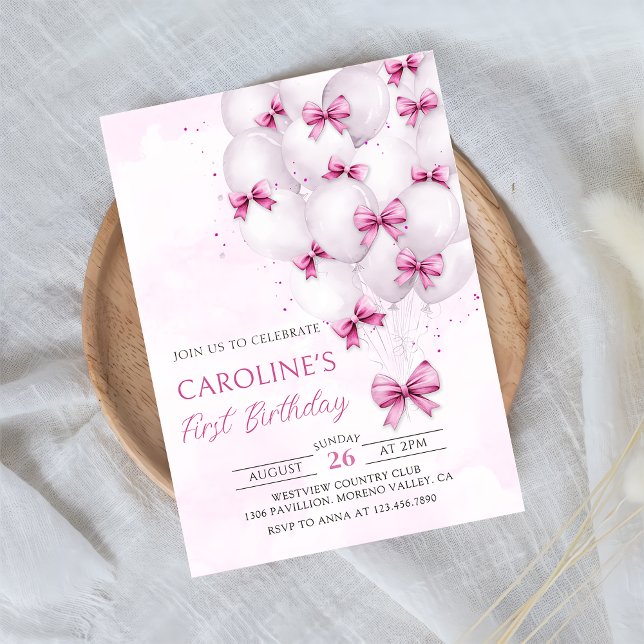 Pink Bows Balloons Girl Birthday Invitation (Creator Uploaded)