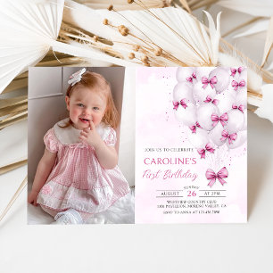 Pink Bows Balloons Girl Birthday Photo Invitation