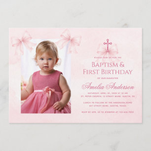 Pink Bows Baptism and First Birthday Girl Photo Invitation