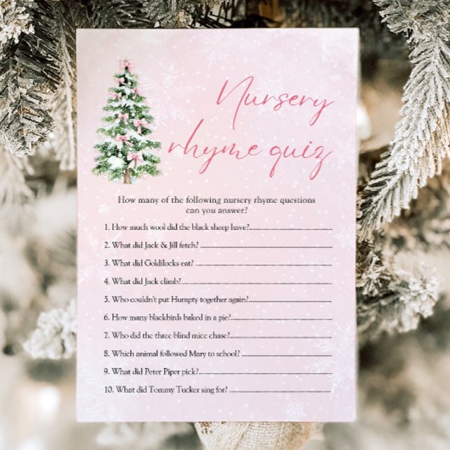 Pink Bows Christmas Nursery Rhyme Quiz Baby Shower Invitation (Pink Bows Christmas Nursery Rhyme Quiz Baby Shower Game)