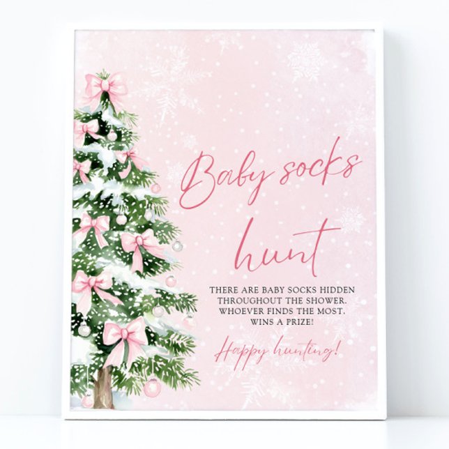 Pink Bows Christmas Tree Baby Socks Hunt Game Poster (Pink Bows Christmas Tree Baby Socks Hunt Game Sign)
