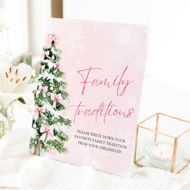 Pink Bows Christmas Tree Family Traditions Game Pedestal Sign (Pink Bows Christmas Tree Family Traditions Game Sign)