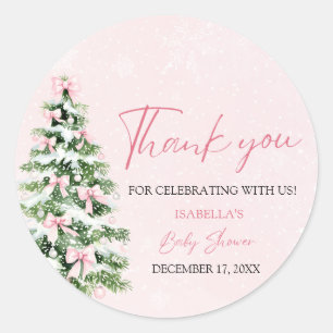 Pink Bows Christmas Tree Girl Winter Baby Shower Classic Round Sticker