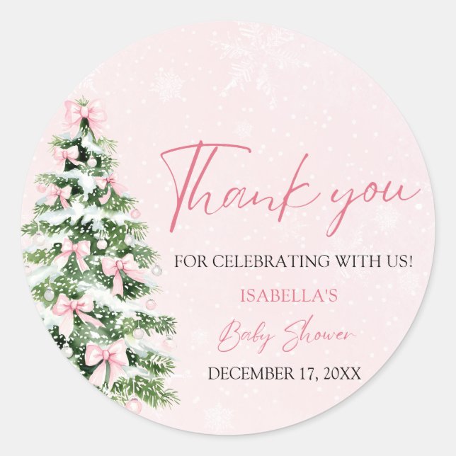 Pink Bows Christmas Tree Girl Winter Baby Shower Classic Round Sticker (Front)