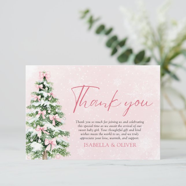 Pink Bows Christmas Tree Winter Thank you card (Standing Front)