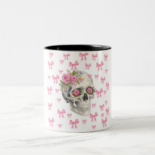 Pink Bows Coquette Floral Skull Halloween Mug