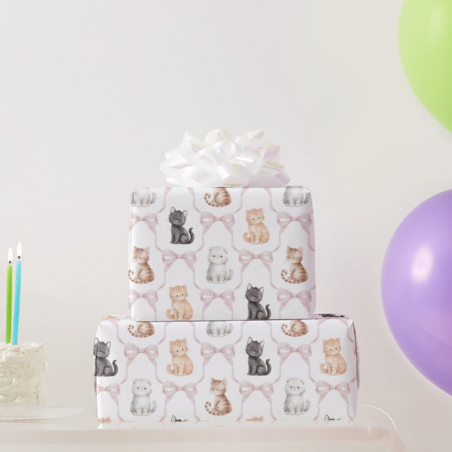 Pink Bows Cute Kitten Cats Birthday Wrapping Paper (Party Gifts)