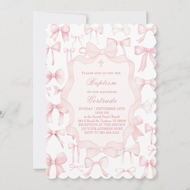 pink bows design Baptism Invitation (Front)