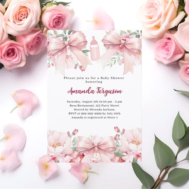 Pink bows florals girl bottle Baby Shower Invitation (Creator Uploaded)