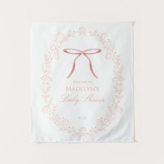 Pink Bows & Flowers Baby Shower Welcome Sign Tapestry