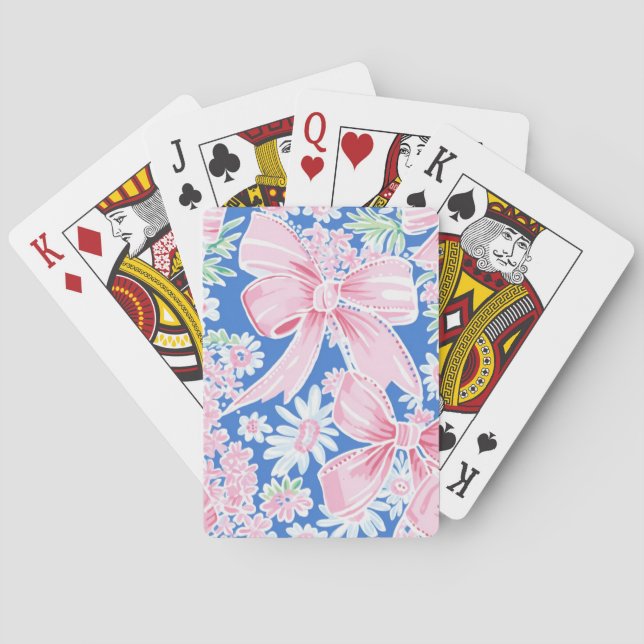 Pink Bows Flowers Blue Playing Cards (Back)