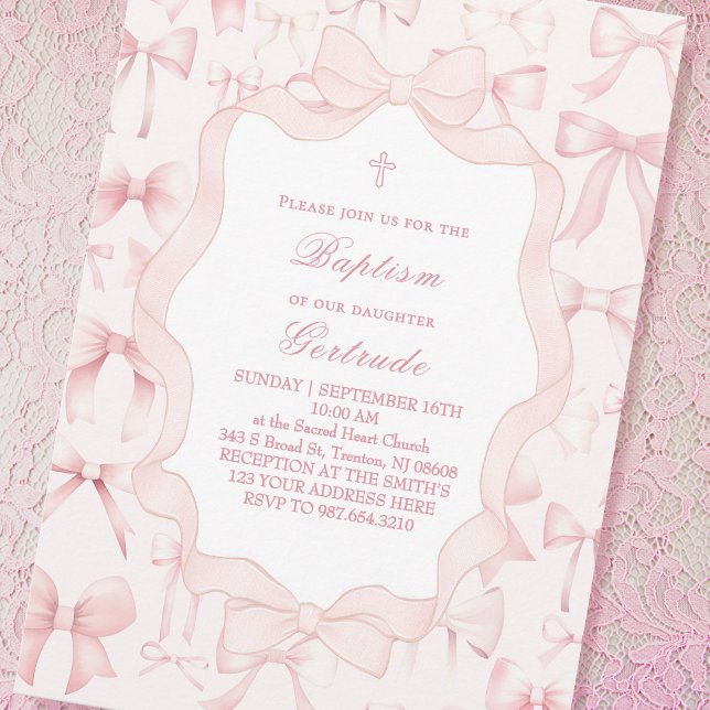 pink bows frame Baptism Invitation (Creator Uploaded)