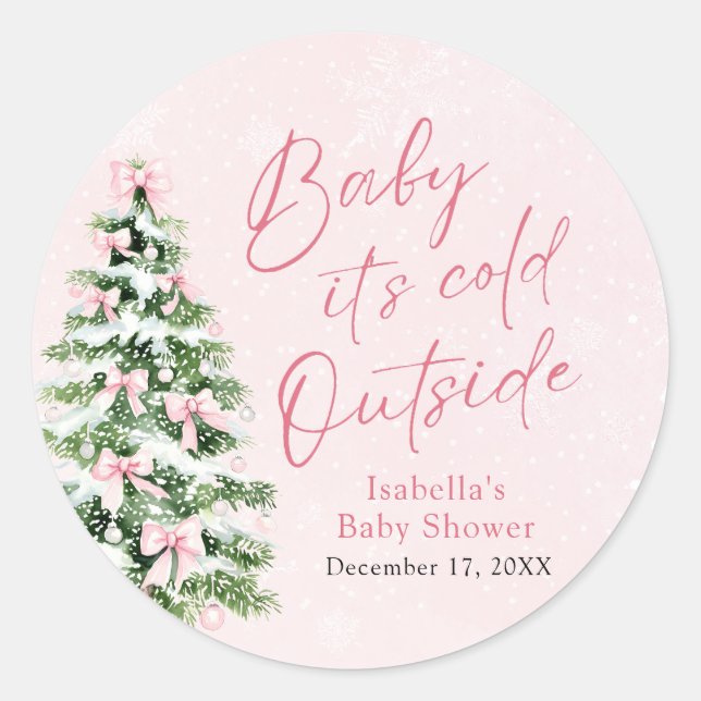 Pink Bows Girl Baby It's Cold Outside Baby Shower Classic Round Sticker (Front)