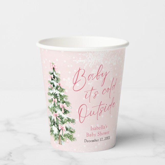 Pink Bows Girl Baby It's Cold Outside Baby Shower Paper Cups (Back)