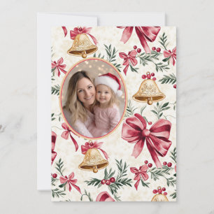 Pink Bows Gold Bells Photo Christmas Card
