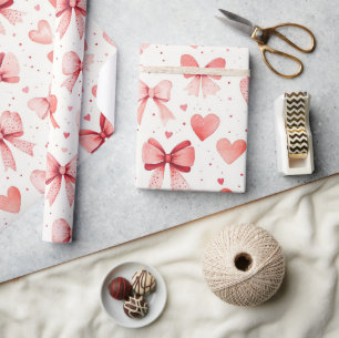 Pink Bows & Hearts Watercolor Romantic Valentine Wrapping Paper