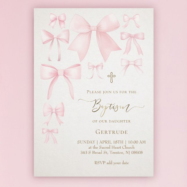pink bows ivory background baby girl Baptism Invitation (Creator Uploaded)