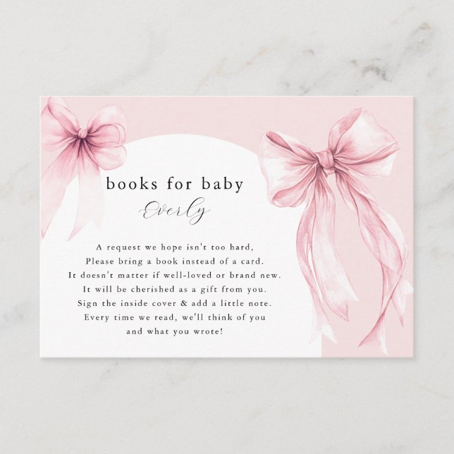 Pink bows modern arch books for baby girl enclosure card (Front)