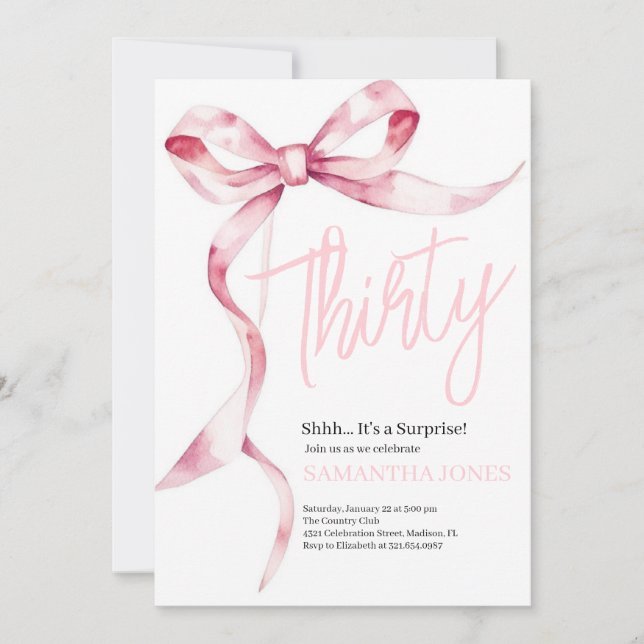 Pink Bows Modern Thirty 30th Birthday Party Invitation (Front)