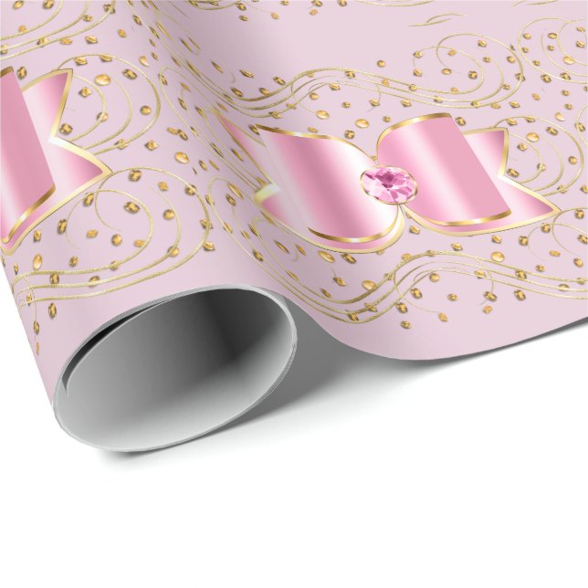 Pink Bows on Gold Stones Wrapping Paper (Roll Corner)