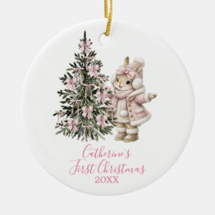 Pink Bows Pine Tree Christmas Bunny Winter Ceramic Tree Decoration