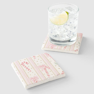 Pink Bows Stripes Bows Gold Glitter Candy Canes Stone Coaster