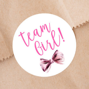 Pink Bows Team Girl Gender Reveal Party  Classic Round Sticker
