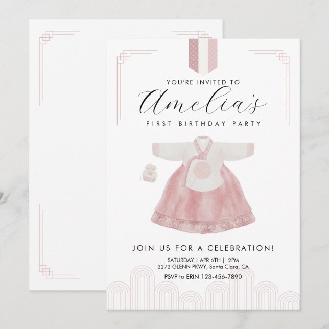 Pink Boy Hanbok Doljanchi the first birthday  Invitation (Front/Back)