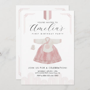 Pink Boy Hanbok Doljanchi the first birthday Invitation