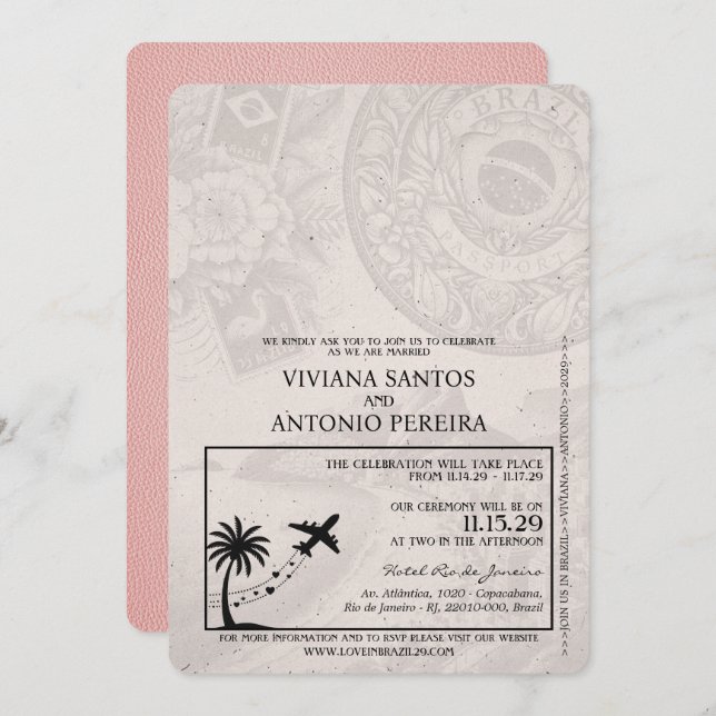 Pink Brazil Passport Wedding Invitation (Front/Back)