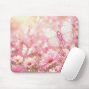 Pink Breast Cancer Ribbon Butterflies in Garden Mouse Pad