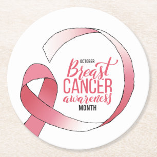 Pink Breast Cancer Ribbon Drawing BCA Month Round Paper Coaster