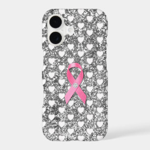 Pink Breast Cancer Ribbon Silver Glitter Look