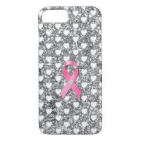 Pink Breast Cancer Ribbon Silver Glitter Look