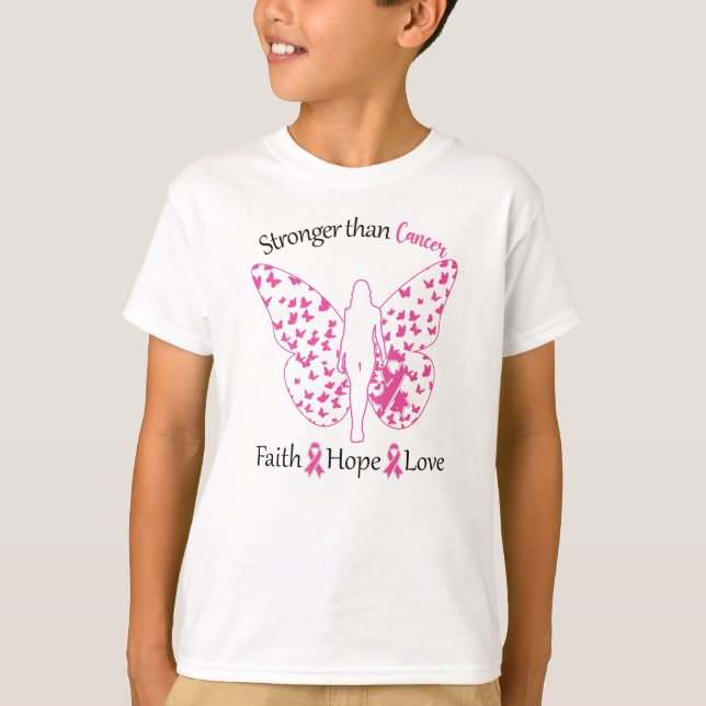 Pink Breast Cancer, Stronger Than Cancer Butterfly T-Shirt (Front)