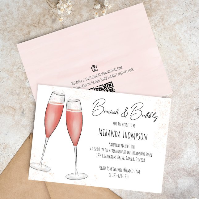 Pink Bridal Brunch Shower QR Code Gift Registry Invitation (Brunch and bubbly bridal shower invitation )