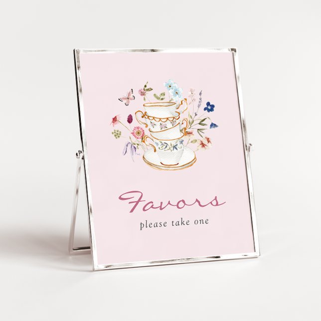 Pink Bridal Favours Poster (Pink Floral Bridal Favors Tea Cup Poster with Butterfly by Painted Paperie
)