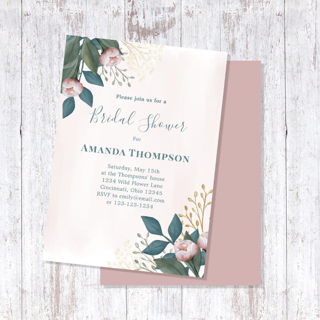 Pink Bridal Shower Elegant Floral Custom Invitation (Bridal shower pink floral rose buds custom invitation.)
