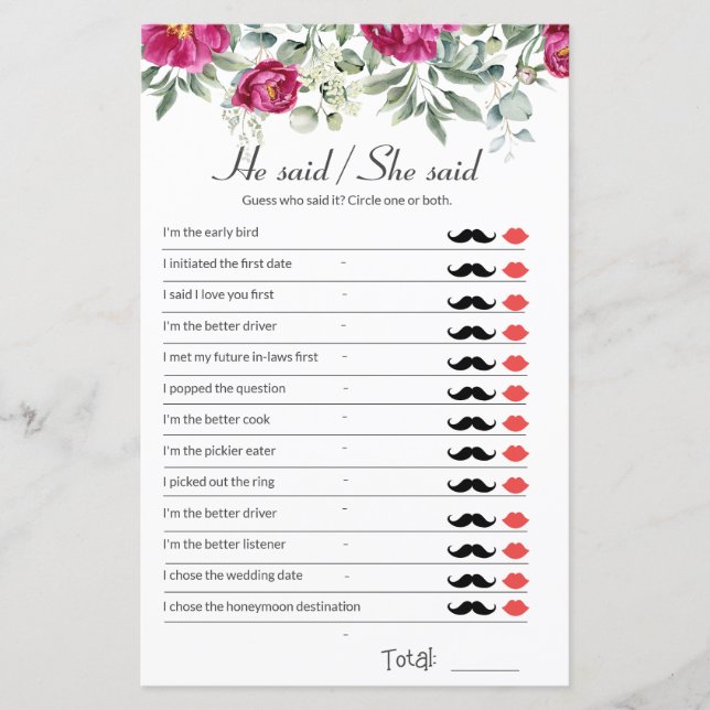 Pink Bridal Shower Game He Said She Said (Front)