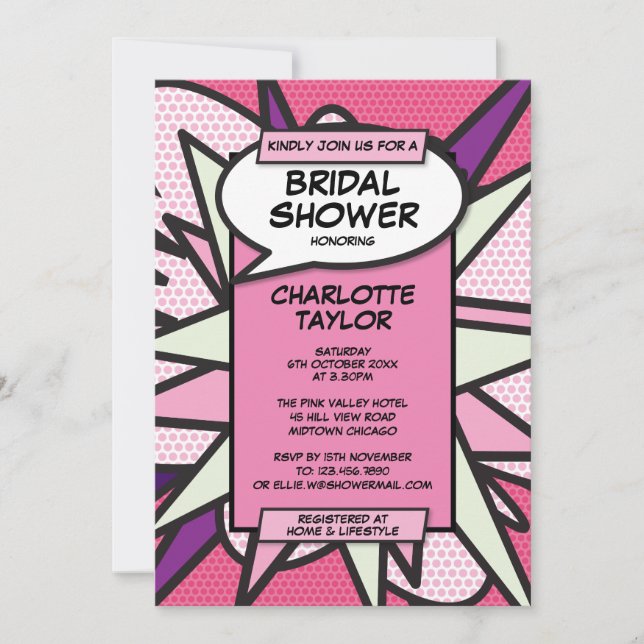 Pink Bridal Shower Modern Fun Comic Book Invitation (Front)