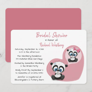 Pink Bridal Shower Panda Teddy Bear Heart Wedding Invitation
