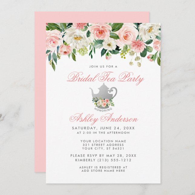 Pink Bridal Shower Tea Party Floral Silver Invite (Front/Back)